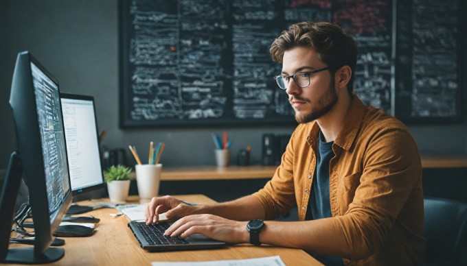 A developer analyzing code on a computer in a stylish workspace.