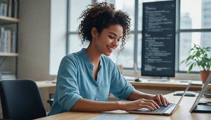 A developer analyzing GraphQL queries on a computer in a modern office setting.