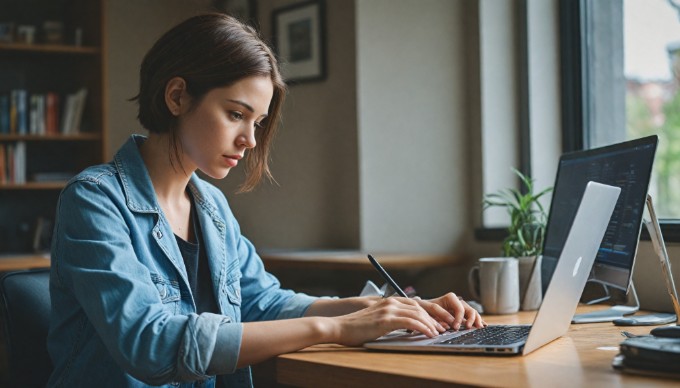 A developer working on an Android app in a modern office setting.