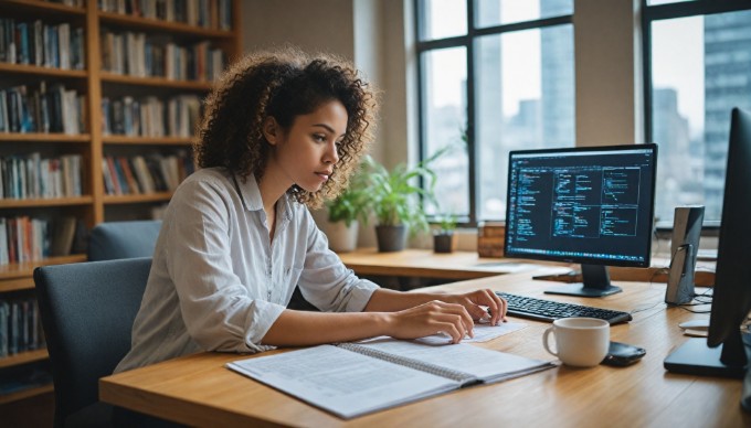 A developer focused on coding asynchronously at a modern office desk with multiple screens.