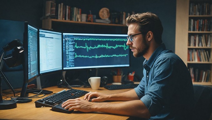 A developer reviewing code on a computer screen, illustrating secure coding practices in a tech workspace.