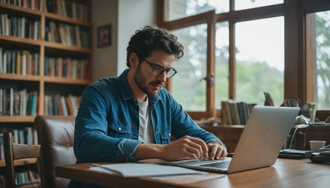 A mobile app developer coding on a laptop in a cozy workspace with a notepad and coffee nearby.