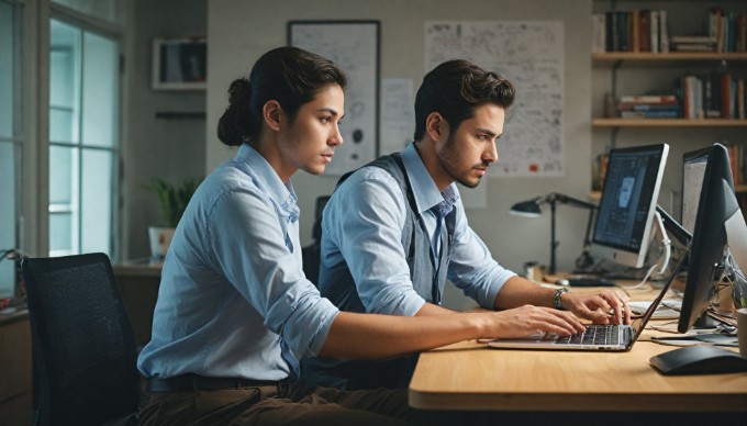 A developer focused on coding in a modern office environment with multiple monitors and a laptop open on the desk.