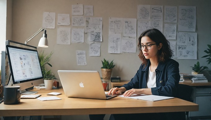 A web developer customizing an online store on a laptop in a contemporary workspace.