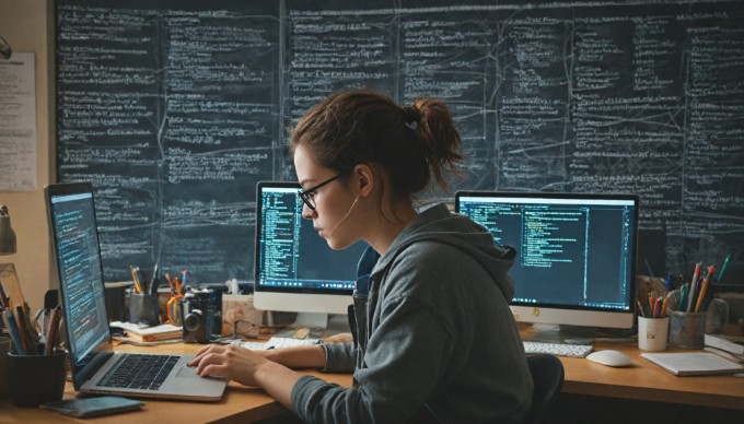 A developer debugging a microservices application on a computer in a cozy workspace.