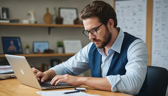 A developer focused on coding using a laptop in a modern office space.