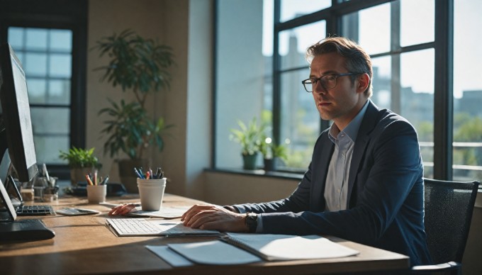 A developer analyzing REST API data on a computer in a modern office setting.