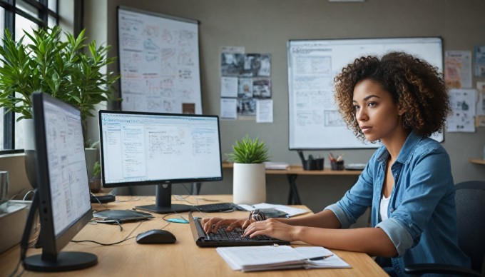 A software developer reviewing bespoke software features on a computer.