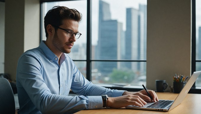 A developer reviewing PHP code on a laptop in a modern office environment.