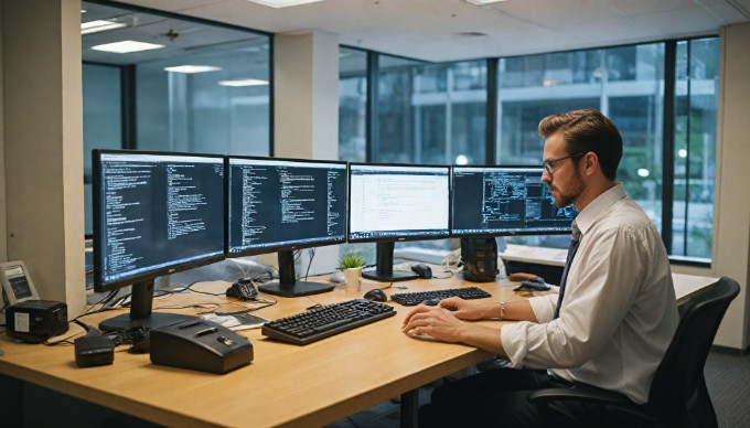 A developer working on a computer, reviewing updates to Umbraco CMS in a modern office setting.