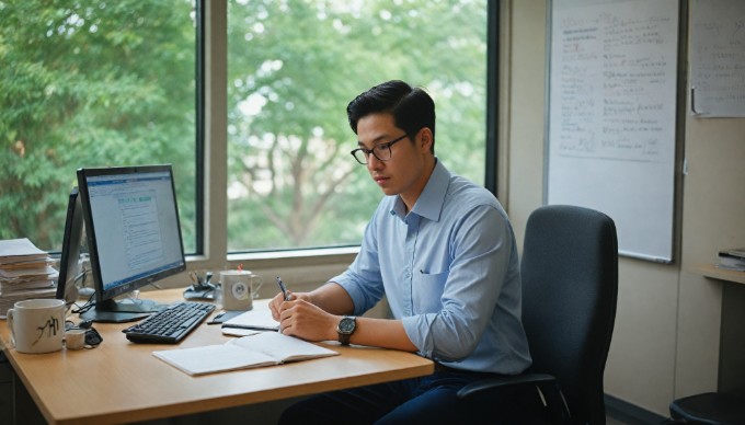 A developer working on a laptop, analyzing SQLite database code, in a modern office environment.