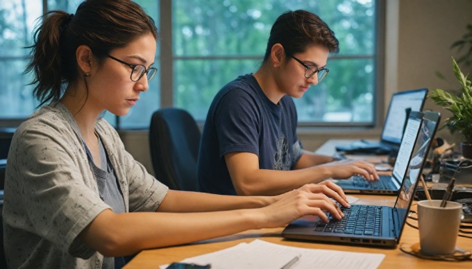 A developer working on an Android application using an emulator on a laptop in a modern office setting.