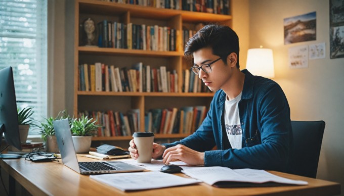 A focused developer working on an Android app in a cozy workspace with a laptop and design materials.