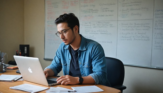 A developer working on API documentation at a desk with a laptop and notes.