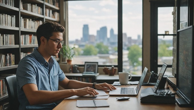 A developer working on a laptop with API documentation on the screen in a modern office setting.