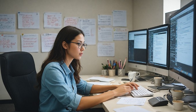 A developer working on Magento customization with coding on a dual monitor setup in an office.