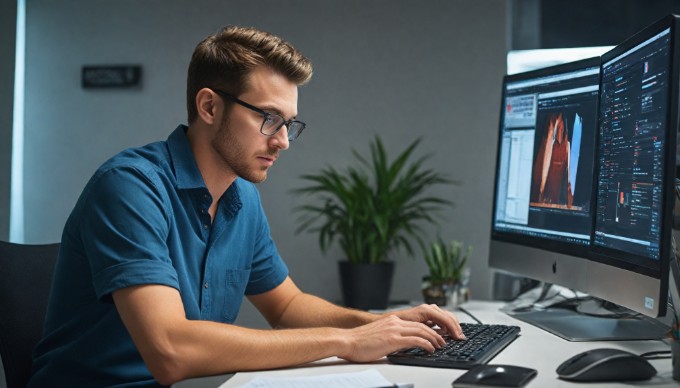 A developer working on a computer, focused on coding a Magento theme in a modern office.