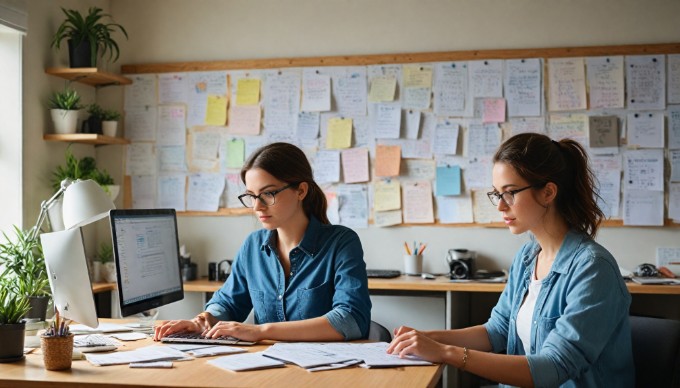 A web developer working on a content management system in a bright and organized workspace.