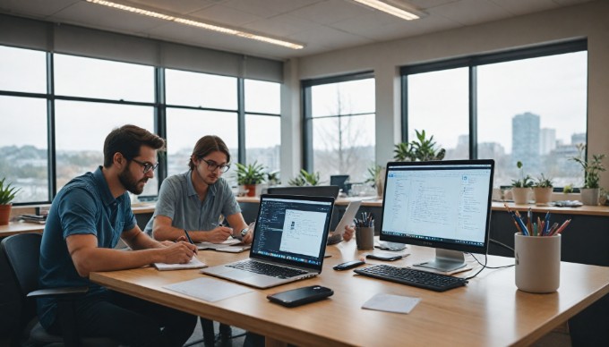 A diverse group of developers collaborating on a mobile app project in a modern office setting, with laptops open and design sketches on the table.