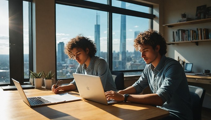 Two developers discussing mobile app design on a laptop in a modern office setting.