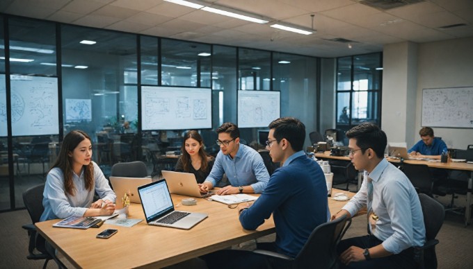 Developers collaborating on mobile app design in a modern office setting.