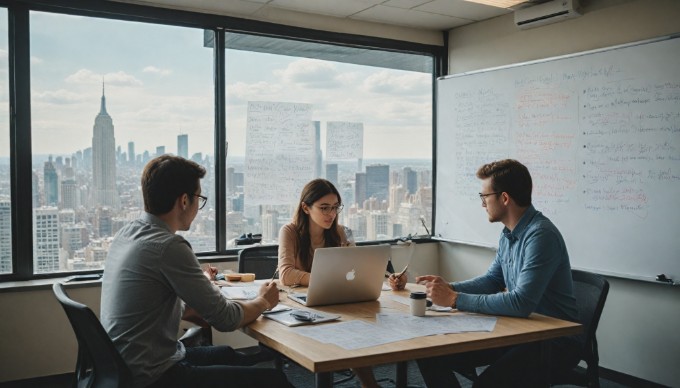 A diverse group of developers collaborating on mobile app design in a modern office setting.