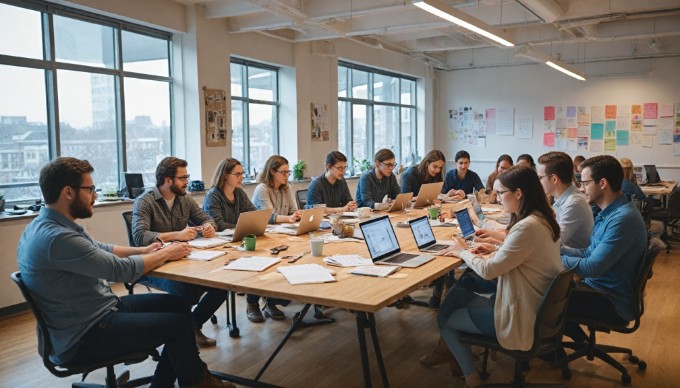 A group of developers collaborating on Umbraco CMS projects in a bright workspace.