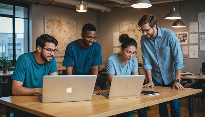 A group of developers discussing PHP in a collaborative workspace.