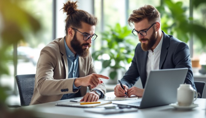 A professional setting with two people collaborating over a laptop, focused on their digital marketing strategies.