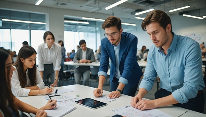 A group of people discussing Android widget features in a collaborative office space.