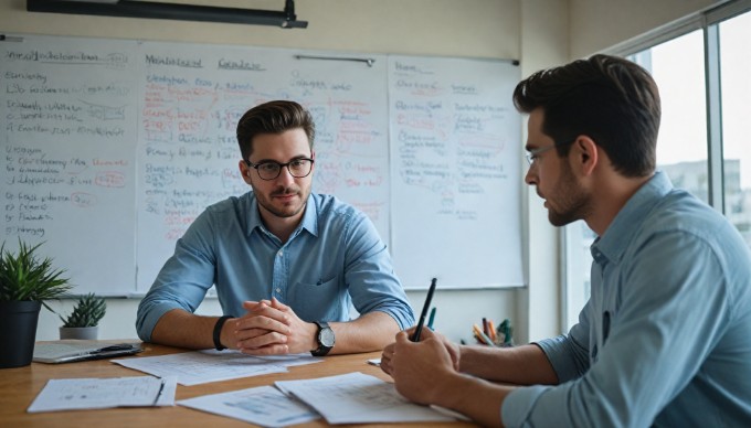 Two colleagues discussing Shopify maintenance strategies in a bright office environment.