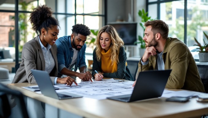 A diverse group of designers collaborating on an accessible design project in a modern office environment.