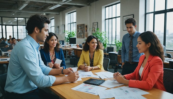 A diverse group of professionals collaborating in a bright office space, discussing ideas with laptops and documents on the table.