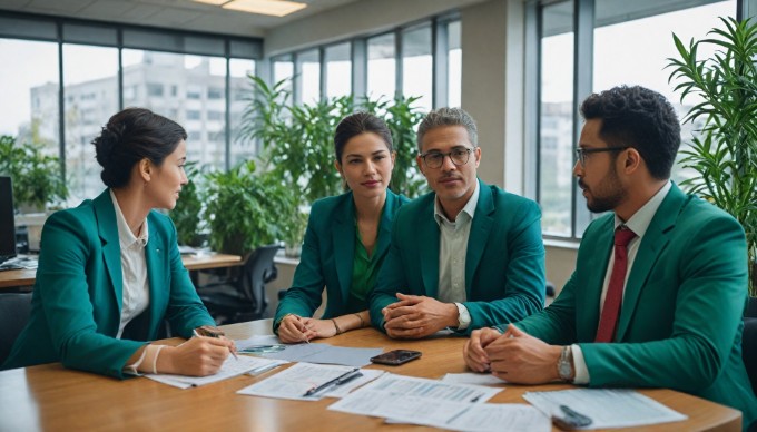 A diverse group of professionals collaborating in a modern office space, discussing over a laptop with colorful clothing.