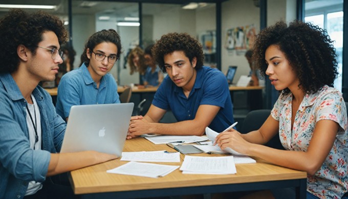 A diverse group of professionals collaborating in a modern office space, discussing ideas with colorful clothing.