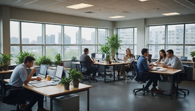 A diverse group of professionals collaborating at a modern office space with colorful clothing.