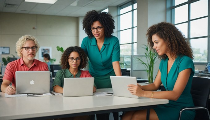 A diverse group of professionals collaborating in a modern office space, discussing ideas over a laptop with colorful attire.