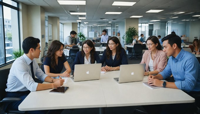 A diverse group of professionals collaborating in a modern office space, with colorful clothing and a bright atmosphere.