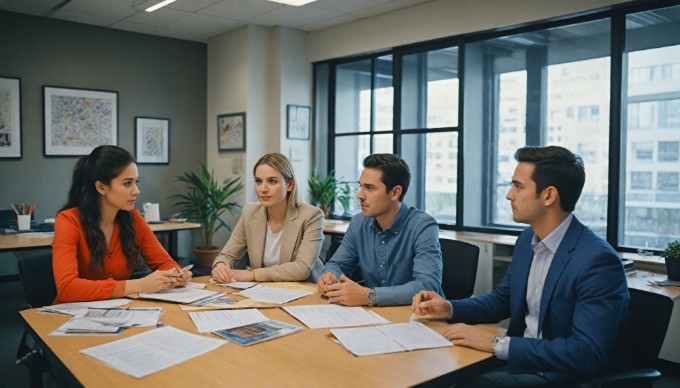 A diverse group of professionals collaborating in a modern office space, showcasing a mix of casual and formal attire with vibrant colors.