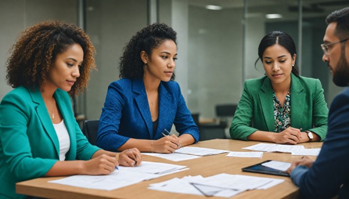 A diverse group of professionals collaborating in a modern office space, with colorful clothing and a friendly atmosphere.