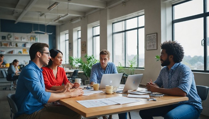 A diverse group of professionals collaborating in a modern office setting, discussing a project with laptops and charts on the table.