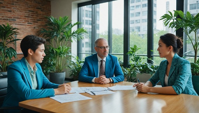 A diverse group of professionals collaborating in a modern office space, with colorful clothing and a bright atmosphere.