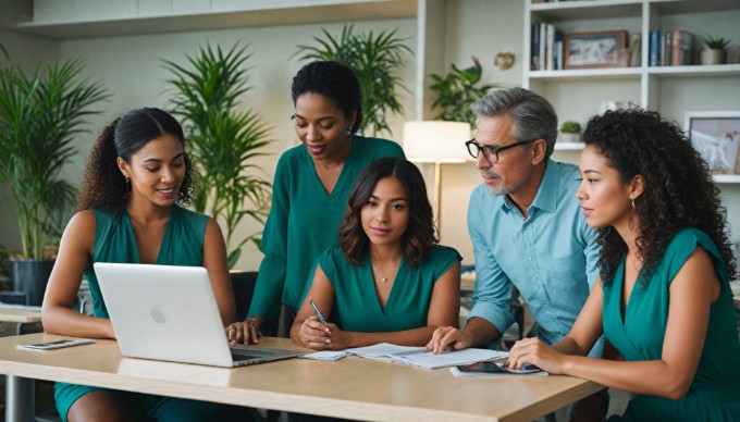 A diverse group of professionals collaborating in a modern office space, discussing ideas over a laptop with colorful clothing.