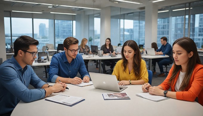 A diverse group of professionals collaborating in a modern office, discussing ideas with colorful clothing and casual styles.