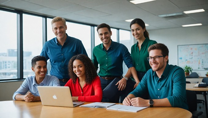 A diverse group of professionals collaborating in a modern office setting, with colorful clothing and a bright atmosphere.