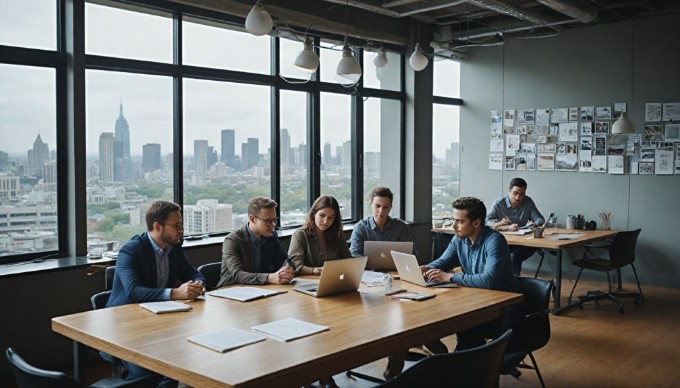 A diverse group of professionals collaborating in a modern office setting, with colorful clothing and a bright atmosphere.