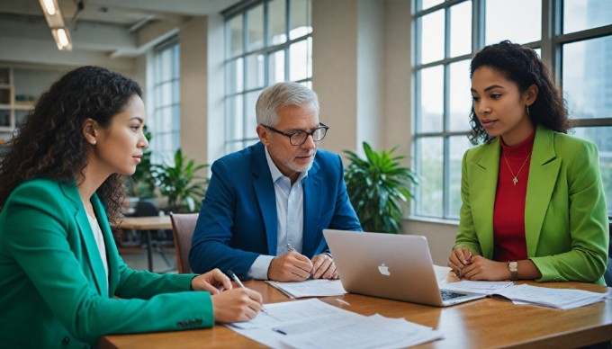 A diverse group of professionals collaborating in a modern office space, with colorful clothing and laptops on the table.