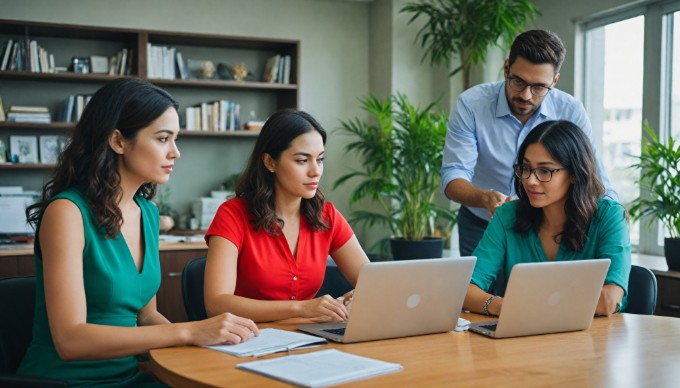 A diverse group of professionals collaborating in a modern office setting, with colorful casual attire and laptops on the table.