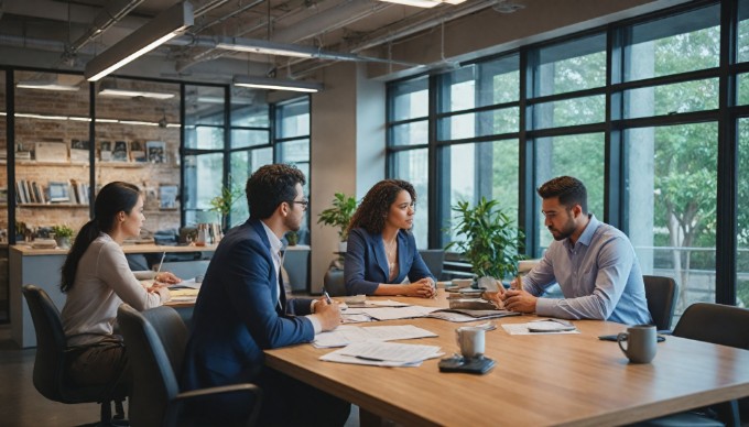 A diverse group of professionals collaborating in a bright office space, discussing ideas with colorful clothing.