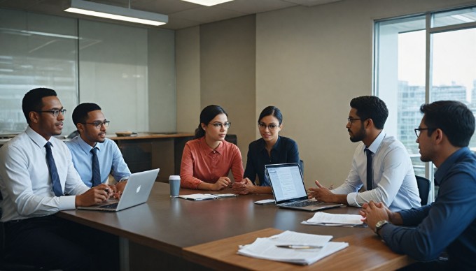 A diverse group of professionals collaborating in a modern office space, discussing ideas and working together. The individuals are engaged in conversation, showcasing a mix of casual and business attire with vibrant colors.